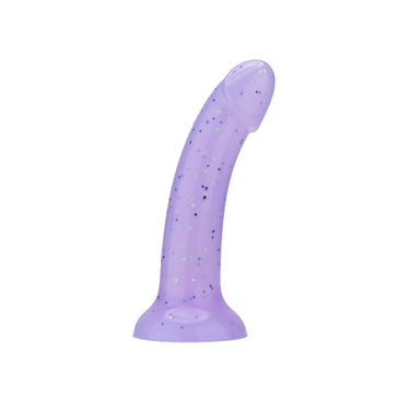 Luxurious purple silicone dildo featuring sparkling starlight design, 7 inches in total length with a secure suction cup base.